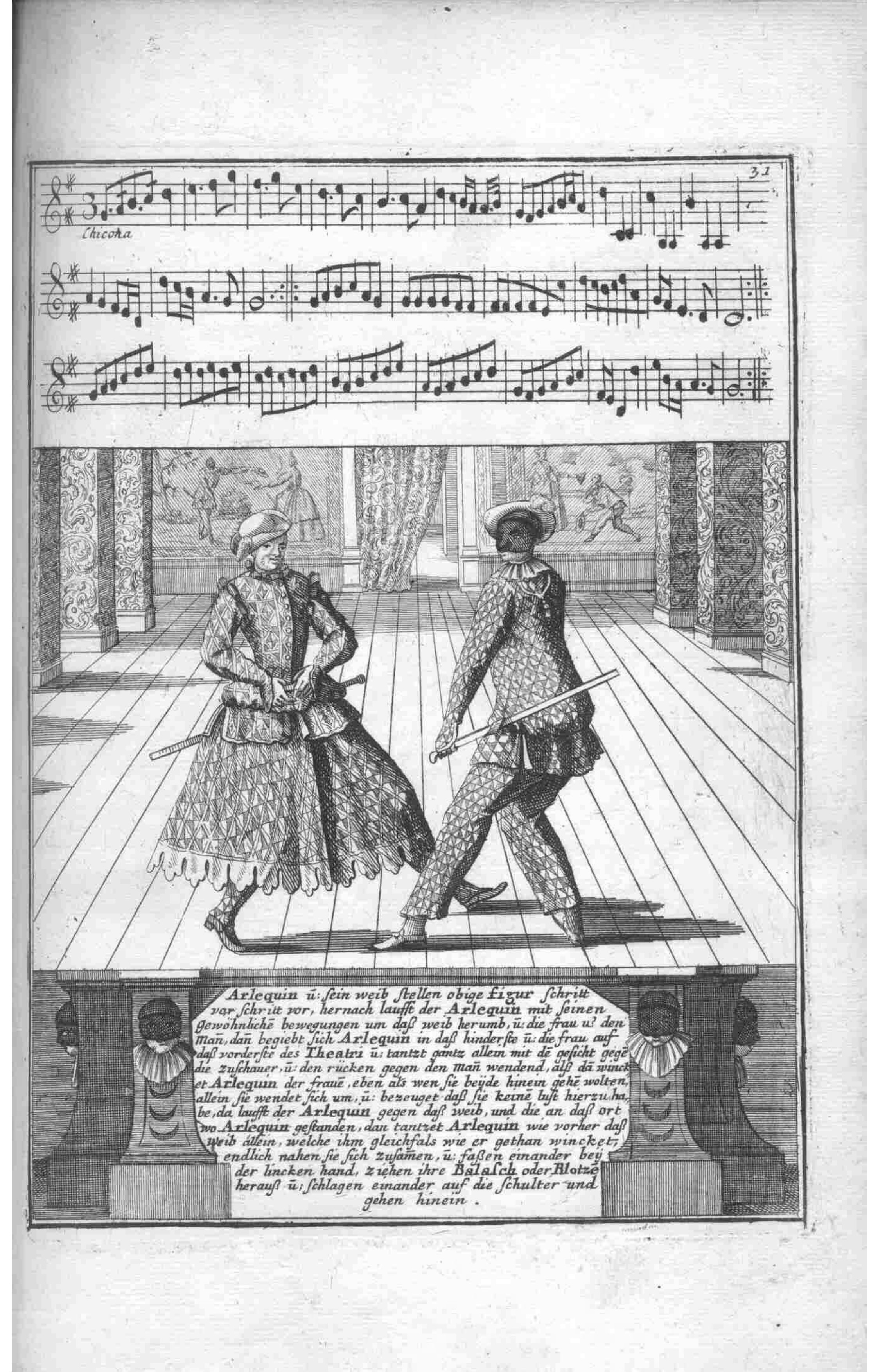 Baroque dancing couple from Gregorio Lambranzi's 1716 dance treatise — the heeled shoe, the long-skirted coat, the elevated arm carriage.